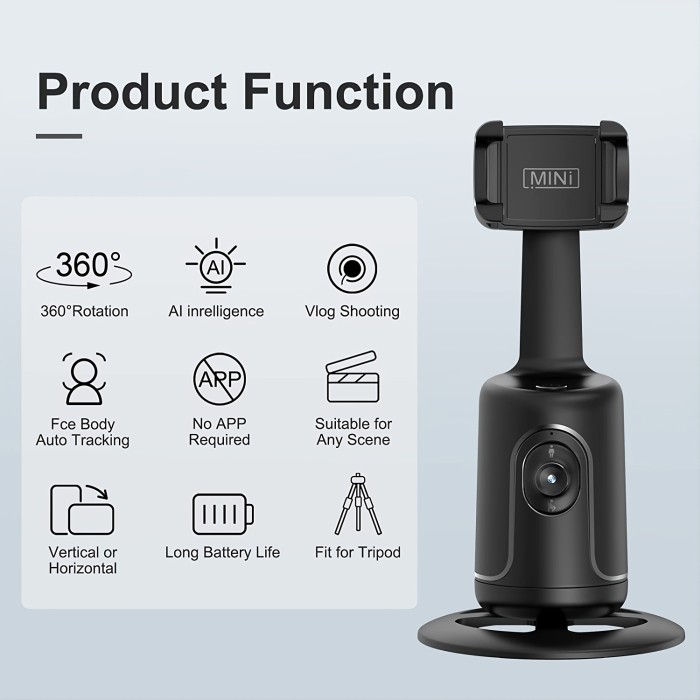 HKXYK Face Tracking Tripod, No App Required, 360° Rotation Face Body Phone Camera Mount Smart Shooting Phone Tracking Holder For Live Vlog Streaming Video, Rechargeable Battery