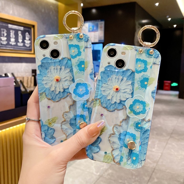 For Iphone13\u002F14\u002F13pro\u002F14 Pro Phone Case Blue Flowers Case With Holder