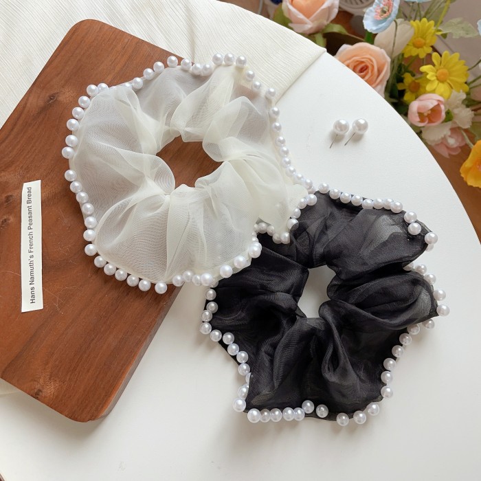Organza Scrunchies Faux Pearl Brimmed Hair Tie Simple Style Hair Rope Elegant Hair Rope Ponytail Holder Hair Tie Women Girls Hair Accessories