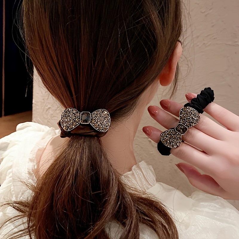 Stylish Rhinestone Hair Ties for Women and Girls - Elastic Hair Bands with Bow Design for Hair Accessories and Headwear