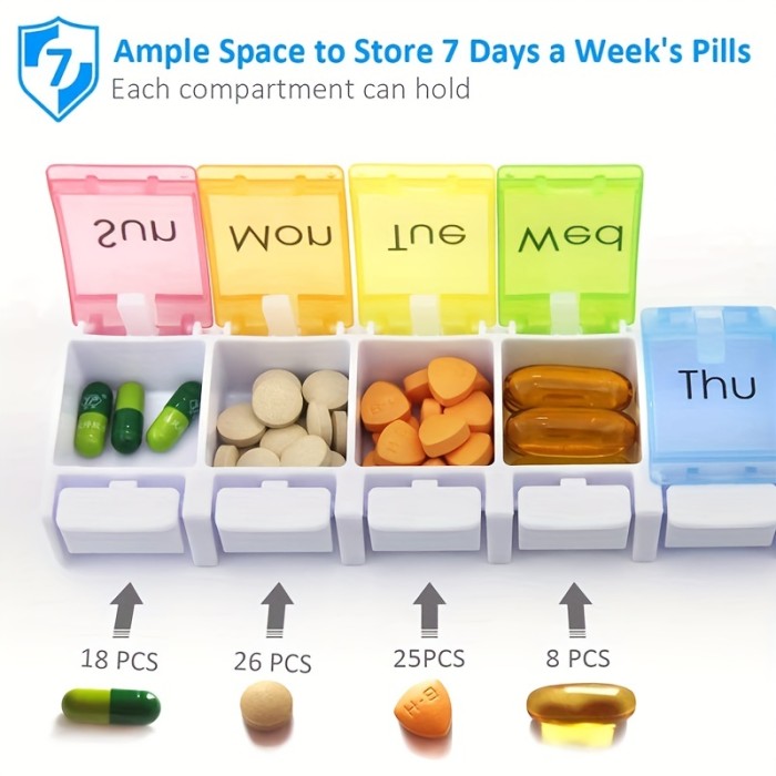 Weekly7-Day Pill Organizer, Vitamin Case, And Medicine Box, Medium Compartments, Color May Vary, 7 Days Pill Storage Box, Once Per Day, Button Weekly Medicine Box,Rainbow Medicine Bottle, Morning Afternoon Vitamin Medicine Box
