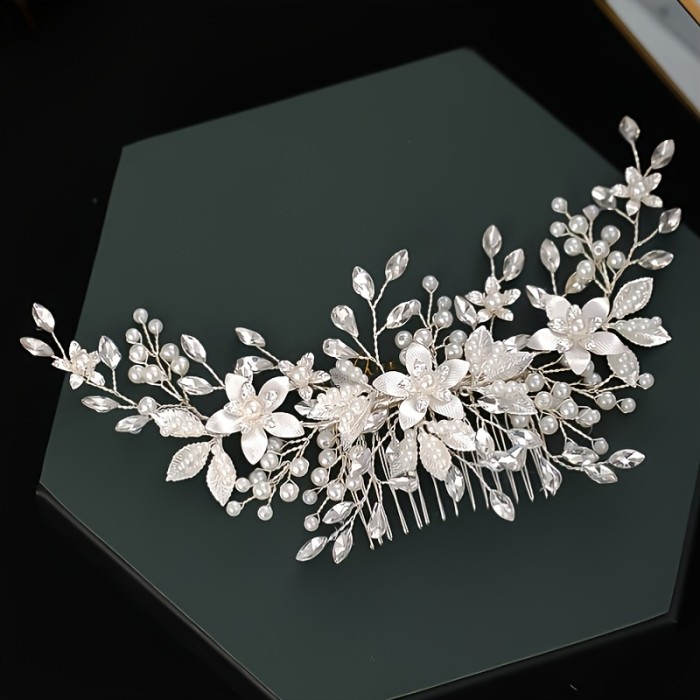 Crystal Silver Pearl Bridal Comb, Floral Wedding Crystal Rhinestone Pearl Comb, Silver Wedding Bridal Hair Comb, Floral Pearl Hair Comb