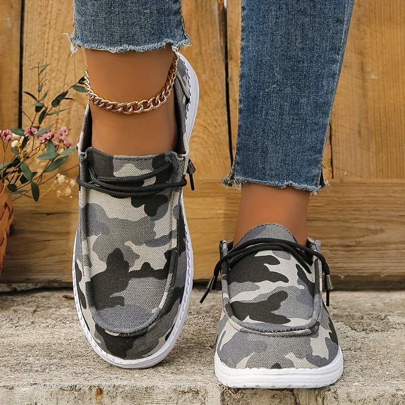 Women's Camo Printed Lace Up Round Toe Fashion Boat Shoes, Lightweight Slip-on Flat Sneakers For Outdoor