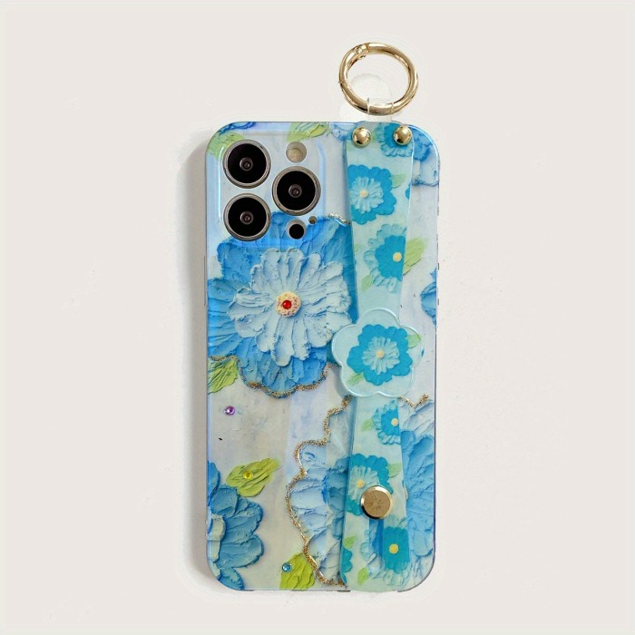 For Iphone13\u002F14\u002F13pro\u002F14 Pro Phone Case Blue Flowers Case With Holder