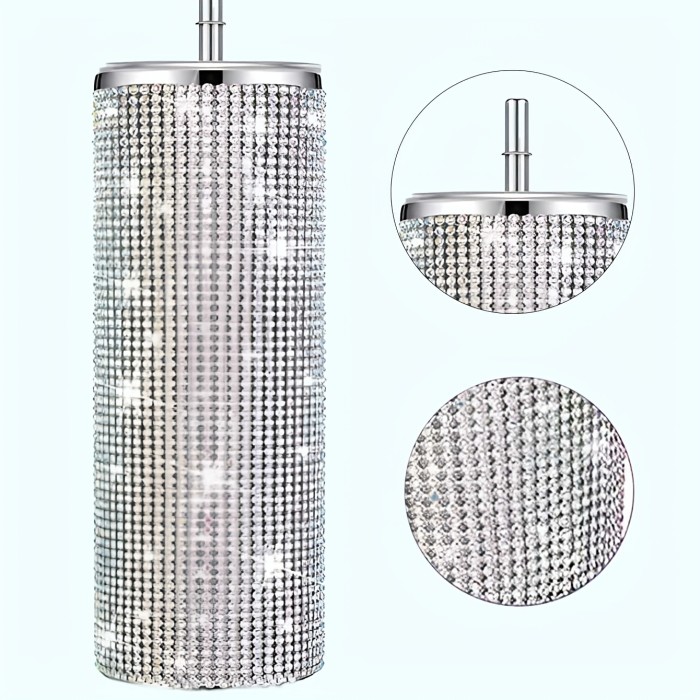 1pc Sparkly Stainless Steel Tumbler with Straw and Lid - Flat Bottom Cup for Women - Modern Rhinestone Decor - Reusable and Hand Wash Only - Perfect for Home and Gifts