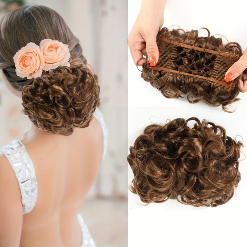 Synthetic Bride Messy Curly Hair Bun With Comb Clips In Chignon Hairpiece Updo Cover Hair Ponytail Extension Hair Piece For Women Girls
