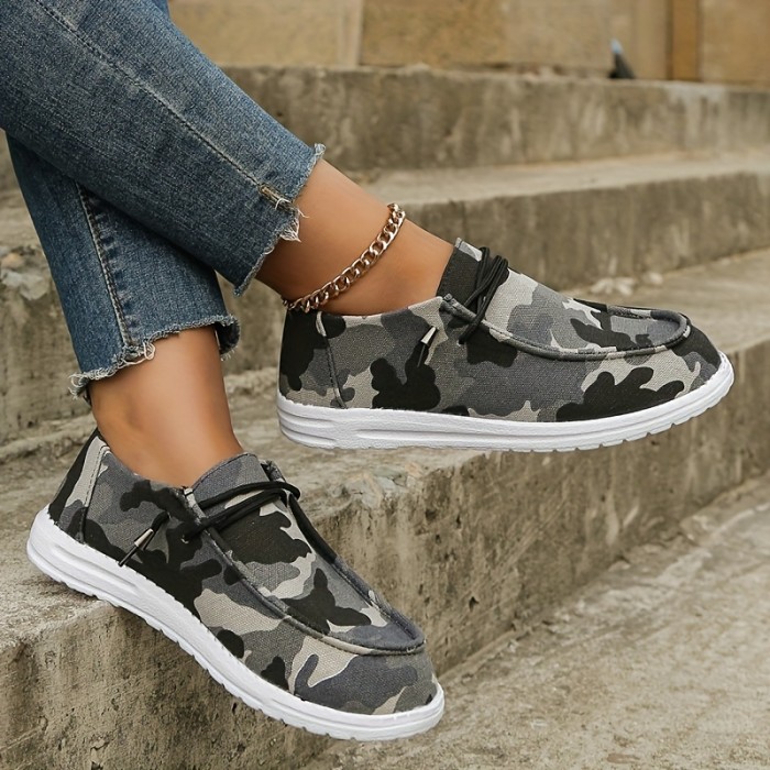 Women's Camo Printed Lace Up Round Toe Fashion Boat Shoes, Lightweight Slip-on Flat Sneakers For Outdoor