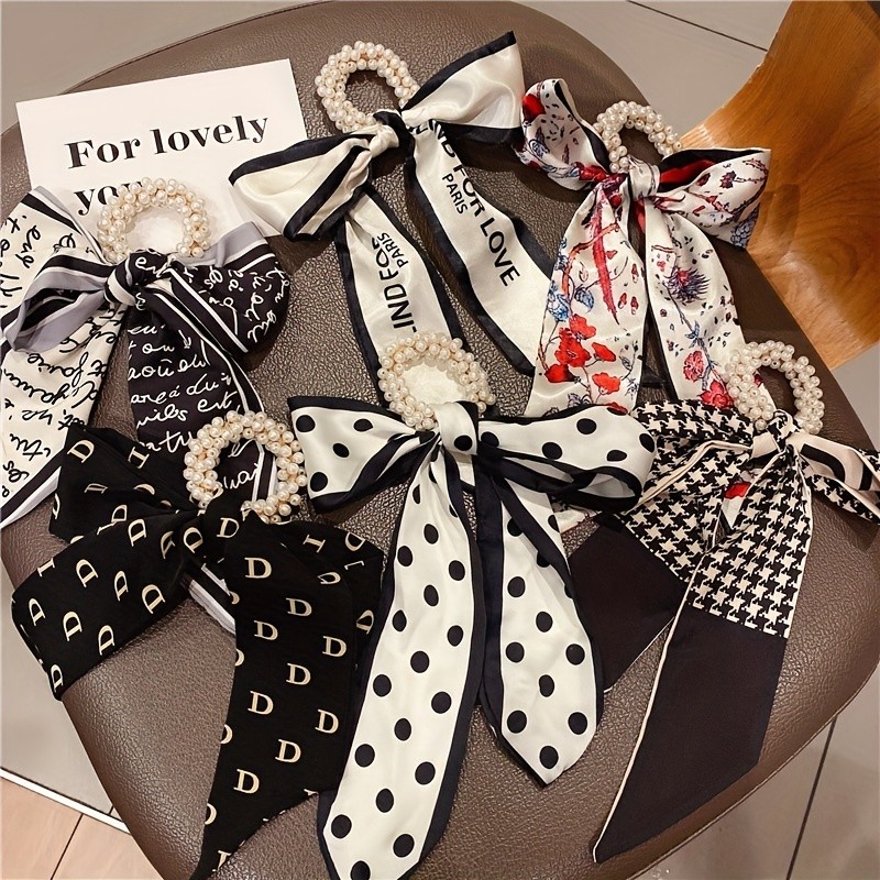 Long Ribbon Bow Knotted Hair Tie Faux Pearl Letter Print Hair Rope Elegant Ponytail Holder Women Girls Hair Accessories