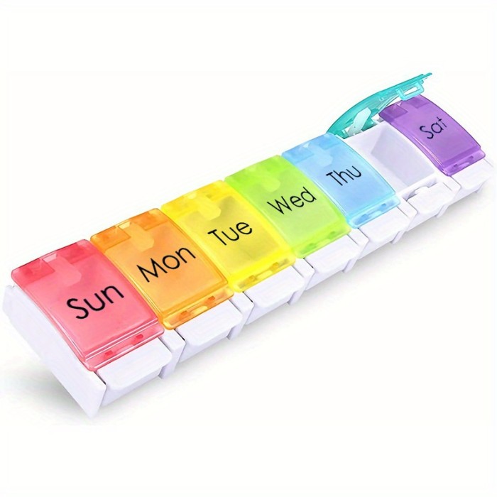 Weekly7-Day Pill Organizer, Vitamin Case, And Medicine Box, Medium Compartments, Color May Vary, 7 Days Pill Storage Box, Once Per Day, Button Weekly Medicine Box,Rainbow Medicine Bottle, Morning Afternoon Vitamin Medicine Box