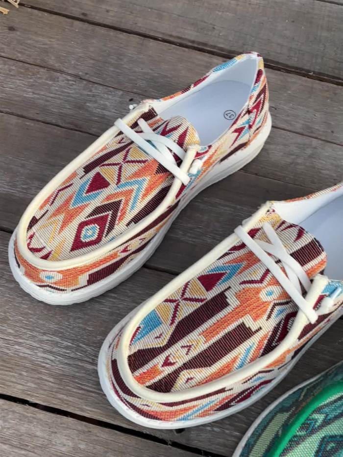 Women's Flat Shoes, Aztec Art Pattern Slip-on Boat Shoes, Lace Up Low Top Walking Shoes
