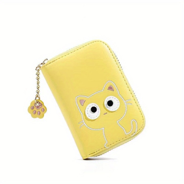 Kawaii Multi-card Slot Card Holder, Cute Cat Embroidered Coin Purse, Mini Zipper Short Wallet With Pendant (4.3*1.2*3)inch