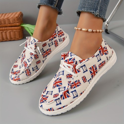 Women's Flag Pattern Boat Shoes: Lightweight Lace Up Flats for Comfortable Walking