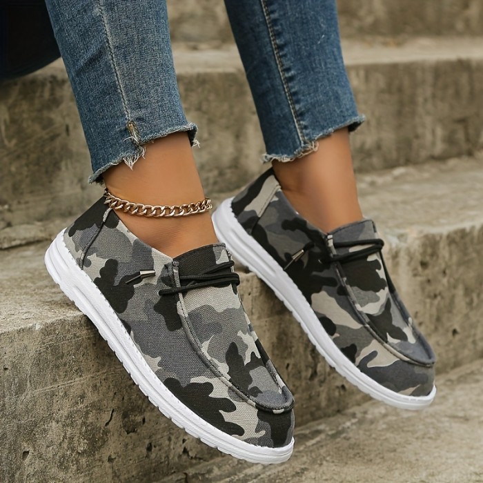 Women's Camo Printed Lace Up Round Toe Fashion Boat Shoes, Lightweight Slip-on Flat Sneakers For Outdoor