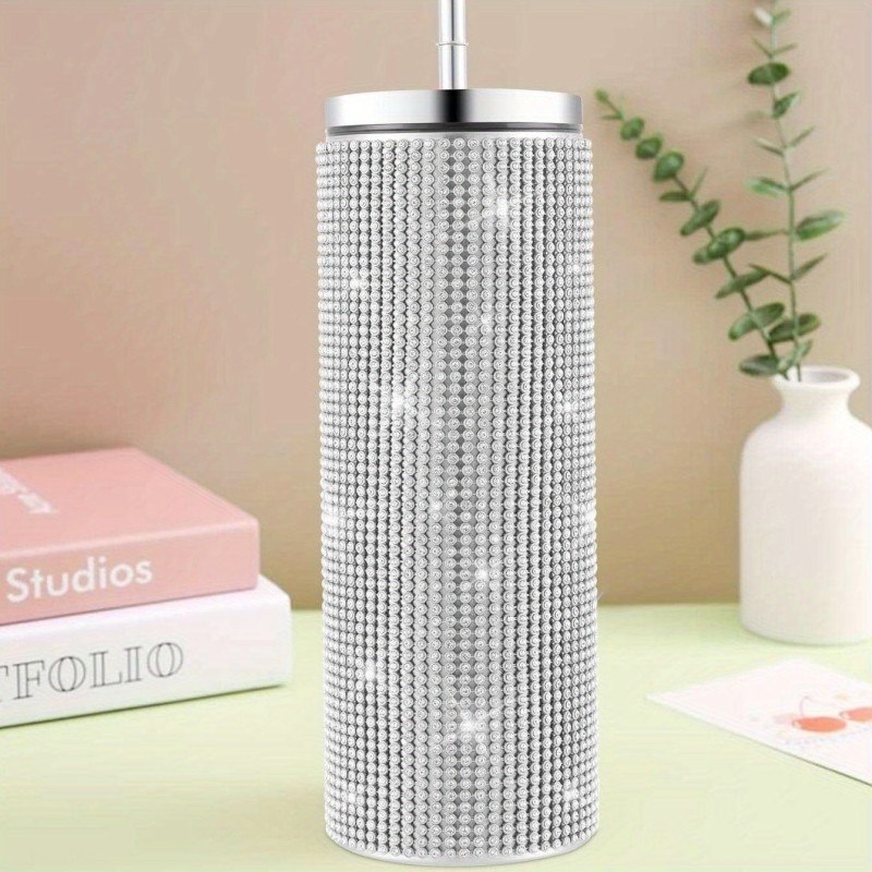 1pc Sparkly Stainless Steel Tumbler with Straw and Lid - Flat Bottom Cup for Women - Modern Rhinestone Decor - Reusable and Hand Wash Only - Perfect for Home and Gifts