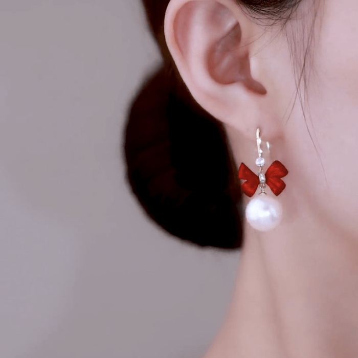 Red Bow & Faux Pearl Drop Earrings Elegant Sweet Cute Dangle Earrings Ideal Gift For Girls Women Friend