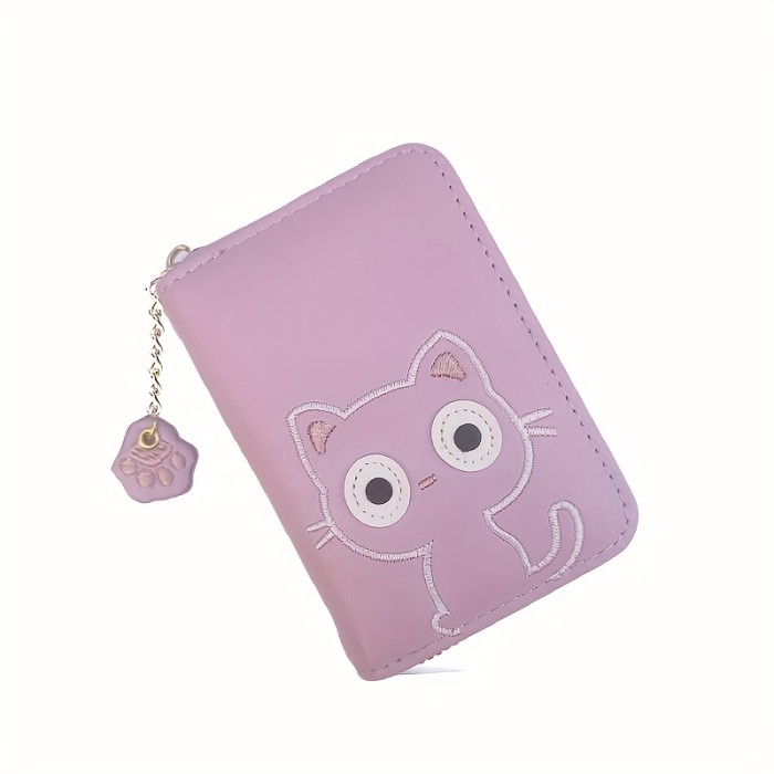 Kawaii Multi-card Slot Card Holder, Cute Cat Embroidered Coin Purse, Mini Zipper Short Wallet With Pendant (4.3*1.2*3)inch