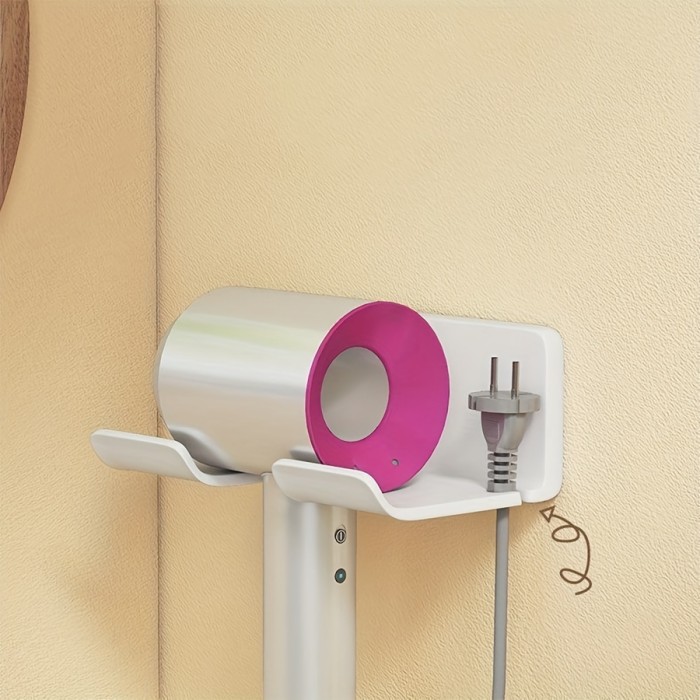 1pc Hair Dryer Holder Wall Mounted, Without Drilling Styling Tool Organizer With Plug Hook And Storage Box, Hair Tool Organizer