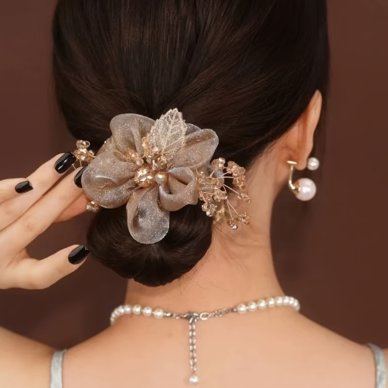 1pc Vintage Organza Scrunchies Faux Pearl Inlaid Flower Hair Ties Elegant Hair Tie Elastic Ponytail Holder Hair Accessories For Women Girls