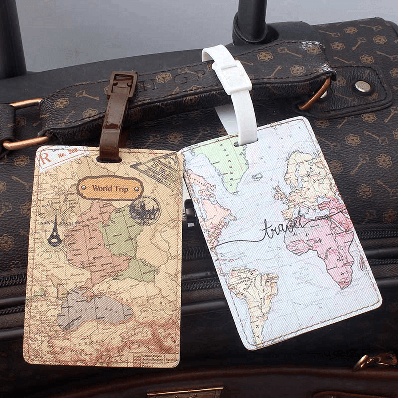 1pc Creative World Map Pattern Luggage Tag, High Quality Travel Accessories, Baggage Tag, PU Leather Tag, Boarding Tag, Name ID Labels With Privacy Cover For Suitcases, Boarding Tag Portable Label