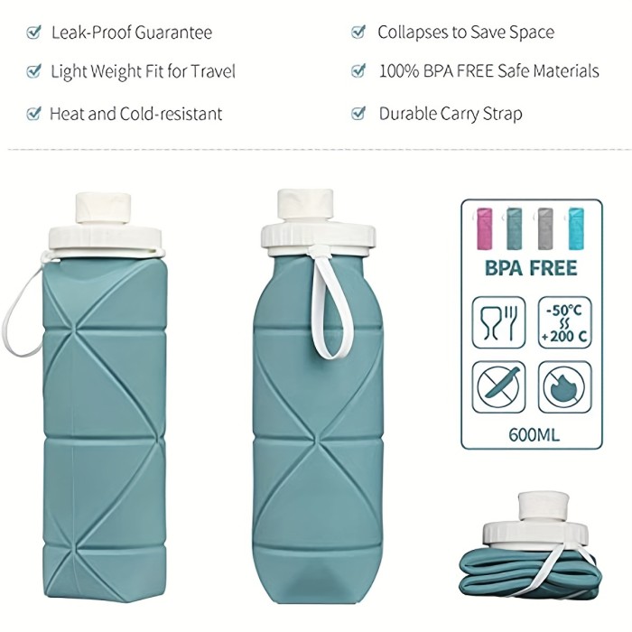 20oz Silicone Foldable Travel Water Bottles Leakproof Valve Reusable, Environmentally Friendly Carton Packaging, BPA Free, Gym Camping Hiking Travel Sports Lightweight Durable Bottle