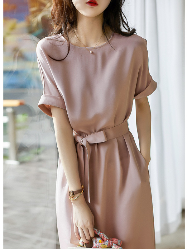 Women's Fashion Round Neck Solid Color Casual Temperament Long Dress