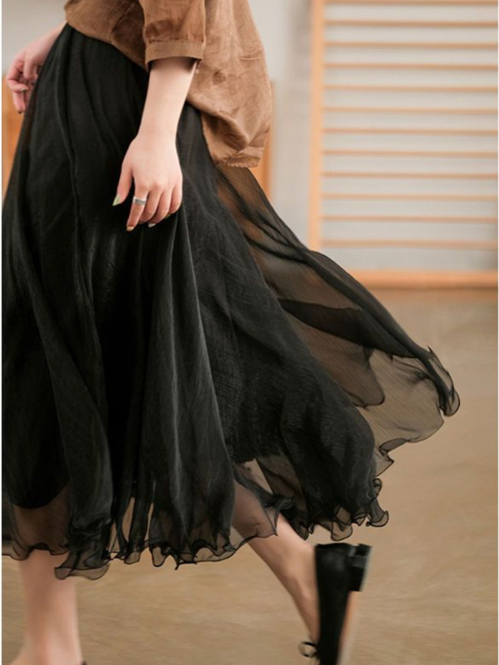 Women's Fashion Solid Color Double Layer Large Swing Elegant High Waist Skirt