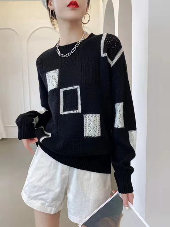 Fashion Tops Colorblock Plaid Knit Pullover Round Neck Vintage Warm Sweater