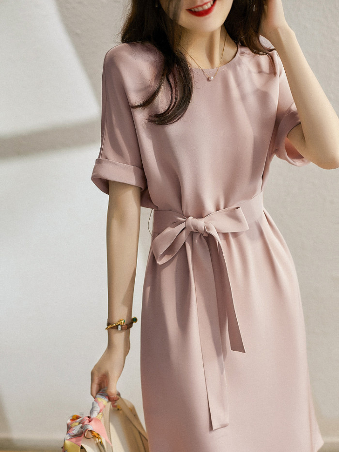 Women's Fashion Round Neck Solid Color Casual Temperament Long Dress