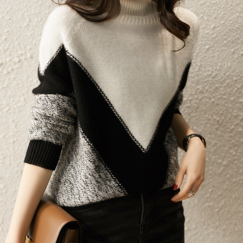 Women's High Neck Warm Pullover Elegant Top Loose Casual Retro Contrast Color Sweater