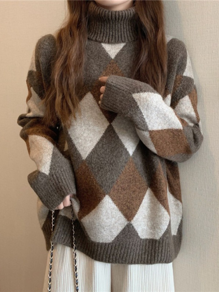 Women's Fashion Tops Vintage Plaid Turtleneck Knit Loose Warm Sweater