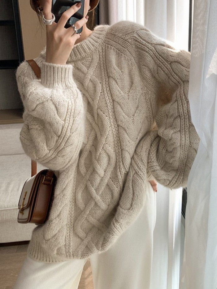 Fashion Tops Round Neck Loose Long Sleeve Rib Vintage Solid Color Sweater