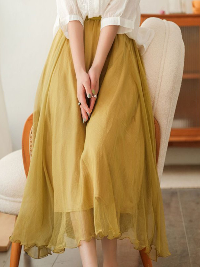 Women's Fashion Solid Color Double Layer Large Swing Elegant High Waist Skirt