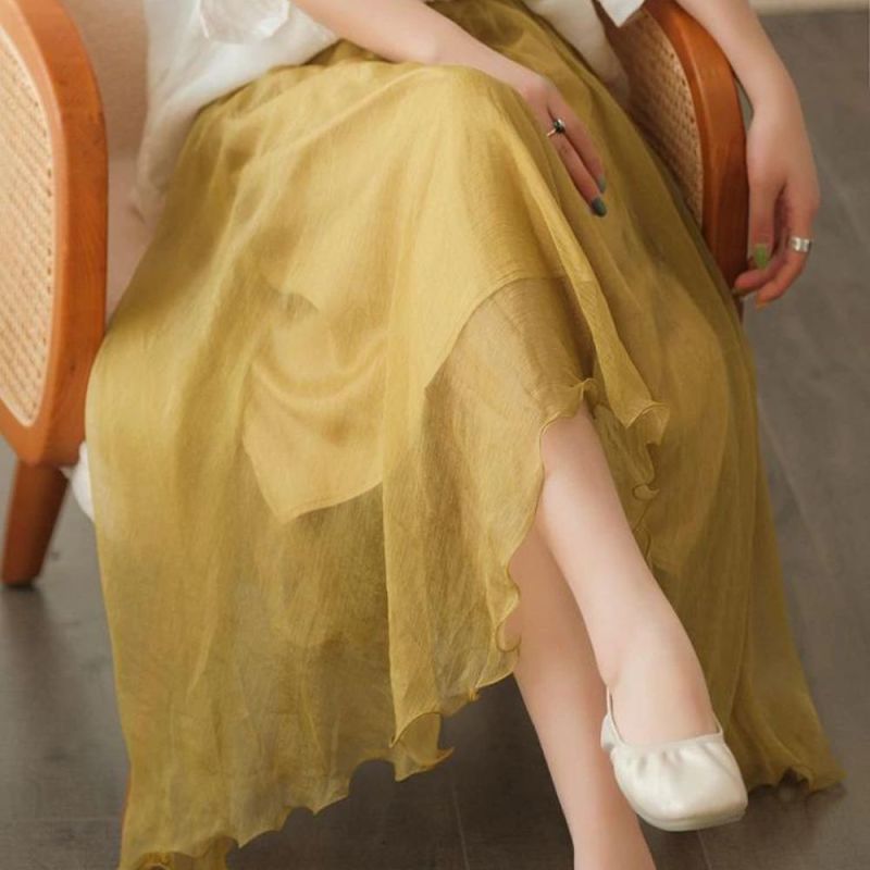 Women's Fashion Solid Color Double Layer Large Swing Elegant High Waist Skirt