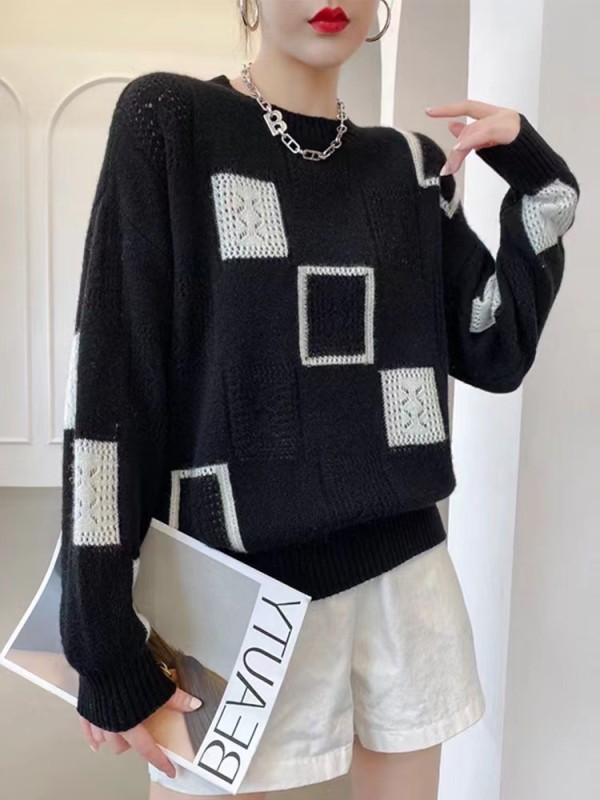 Fashion Tops Colorblock Plaid Knit Pullover Round Neck Vintage Warm Sweater