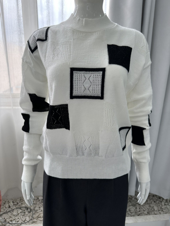 Fashion Tops Colorblock Plaid Knit Pullover Round Neck Vintage Warm Sweater