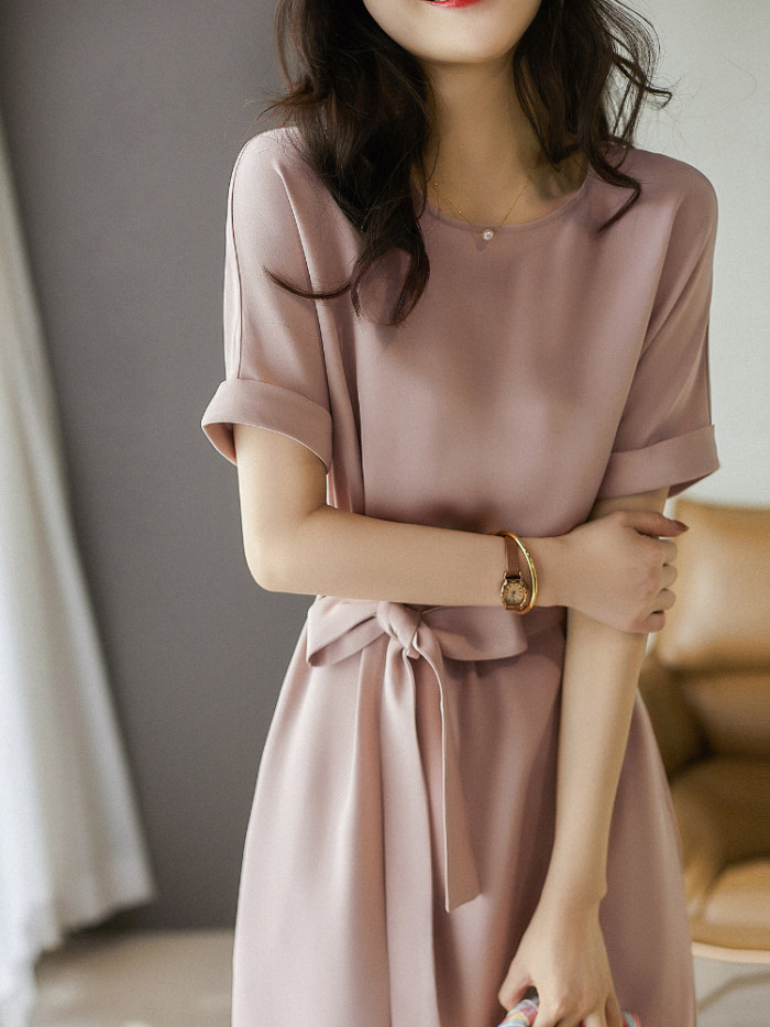 Women's Fashion Round Neck Solid Color Casual Temperament Long Dress