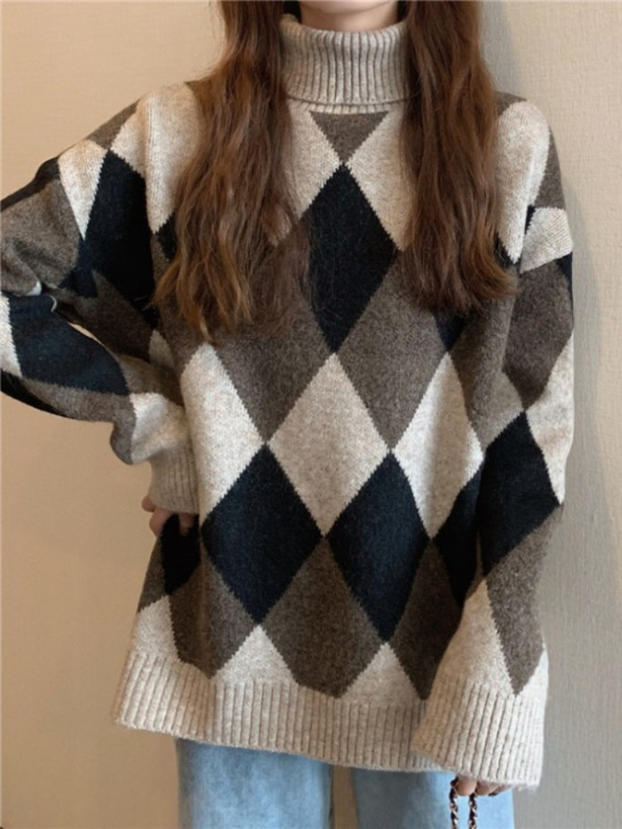 Women's Fashion Tops Vintage Plaid Turtleneck Knit Loose Warm Sweater