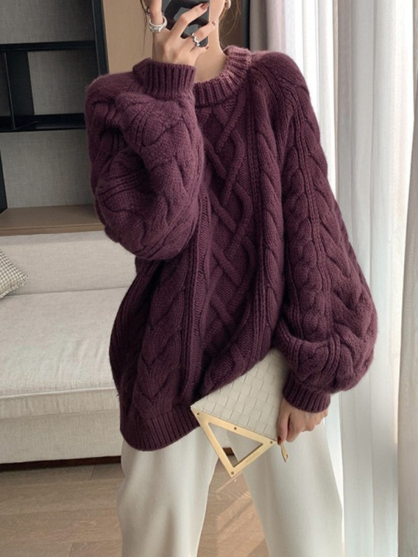 Fashion Tops Round Neck Loose Long Sleeve Rib Vintage Solid Color Sweater
