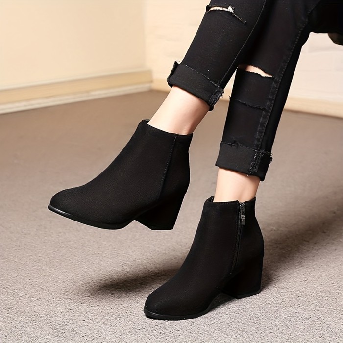 Women's Suede Short Boots, Block Heel Round Toe Side Zipper Shoes, Women's Footwear