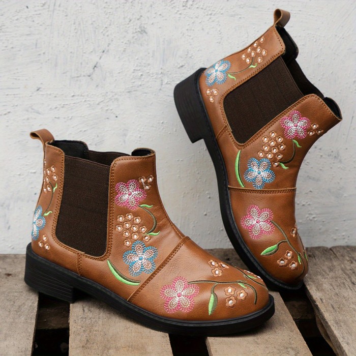 Women's  Floral Embroidered Chunky Heel Boots, Fashion Stretch Fabric Sided Boots, Comfortable Short Boots