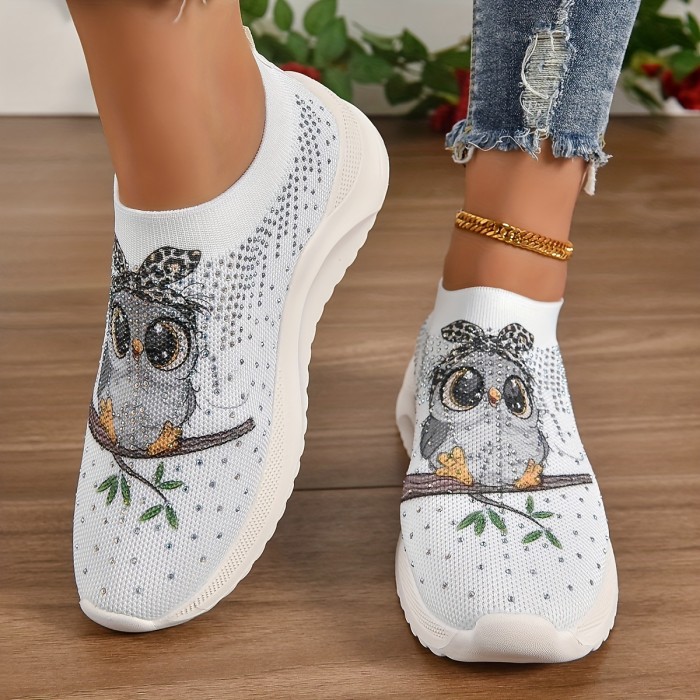 Women's Cute Owl Graphic Sneakers, Rhinestone Decor Knitted Slip On Sock Shoes, Casual Walking Shoes