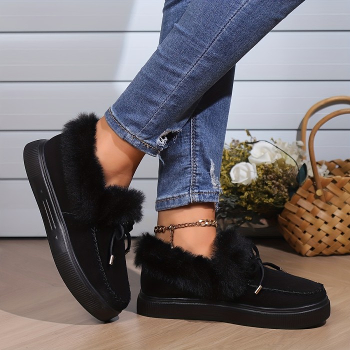 Women's Round Toe Fleece Platform Slip-on Shoes, Winter Thermal Shoes, Women's Footwear