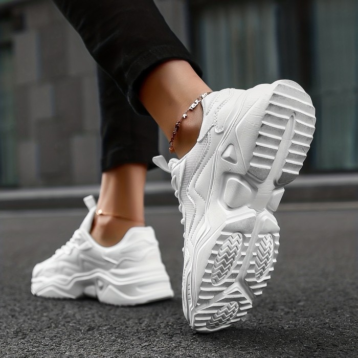Women's White Breathable Mesh Sneakers, Comfortable Low Top Lace Up Shoes, Women's Casual Walking Shoes