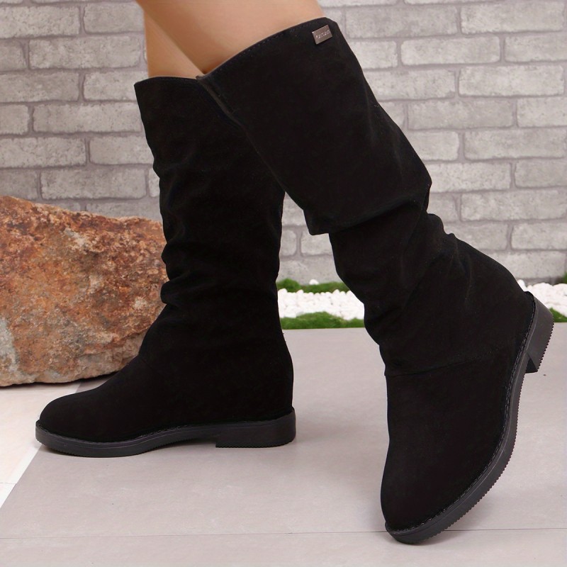 Women's Solid Color Chunky Heel Boots, Fashion Slip On Dress Boots, Comfortable Long Boots