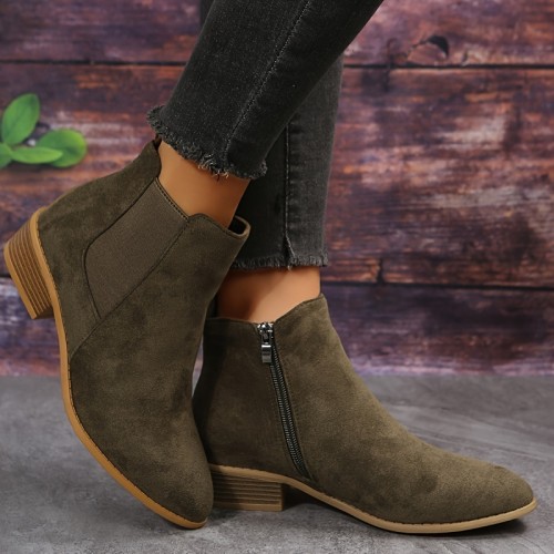 Women's Solid Boots, Short Tube Point Toe Faux Leather Zipper Chunky Heel Casual Boots, Women's Footwear