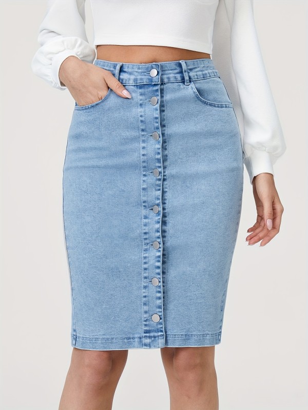 Blue Slim Fit Denim Skirt, Single-Breasted Button High Waist Versatile Split Denim Skirt, Women's Denim Clothing