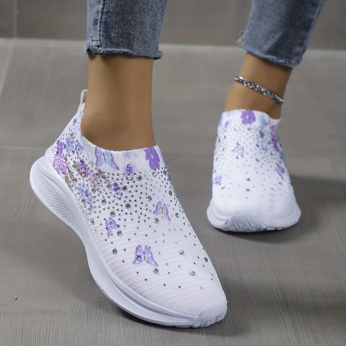 Women's Rhinestone Decor Flat Sneakers, Lightweight Slip On Low Top Shoes, Casual & Breathable Walking Shoes