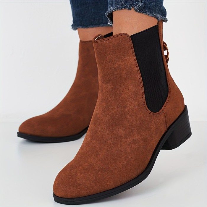 Women's Block Heel Ankle Chelsea Boots, Solid Color Buckle Decor Slip On Round Toe Shoes, Versatile Outdoor Short Boots