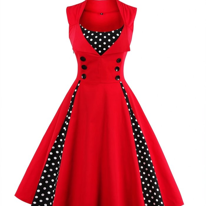 Retro Button Stitching Large Swing Dress, Vintage Fashion Waist Fall Party Swing Dresses, Women's Clothing