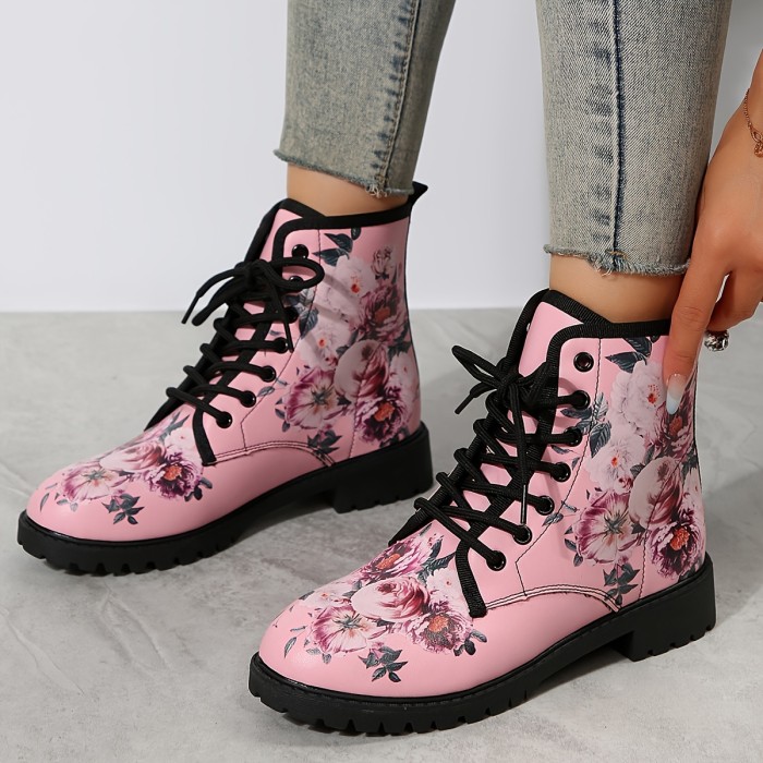 Women's Pink Floral Print Combat Boots, Round Toe Lace Up Flat Ankle Boots, Retro Chunky Low Heeled Boots